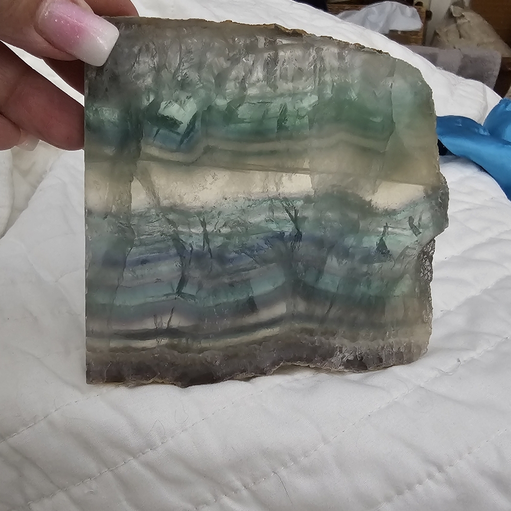 512g, 110x110x15mm Slab of Rainbow Fluorite with Flakes/Feathers, New